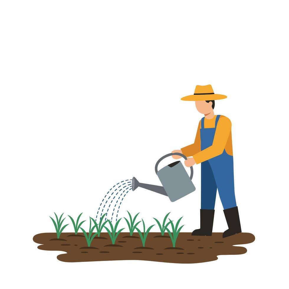 A farmer in a straw hat watering freshly planted crops in a garden with a grey watering can, flat illustration showcasing rural life and agricultural care in a cheerful scene art vector