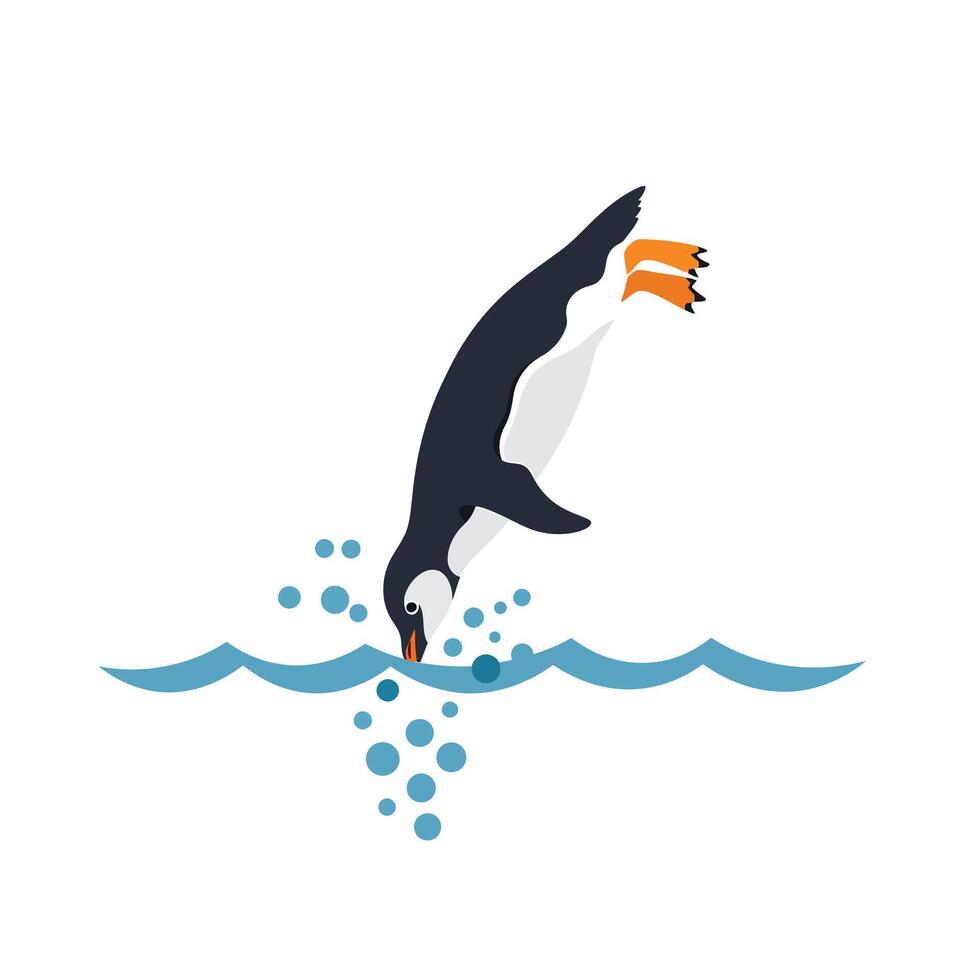 A playful penguin diving into the ocean with splashes in a minimal flat design art vector