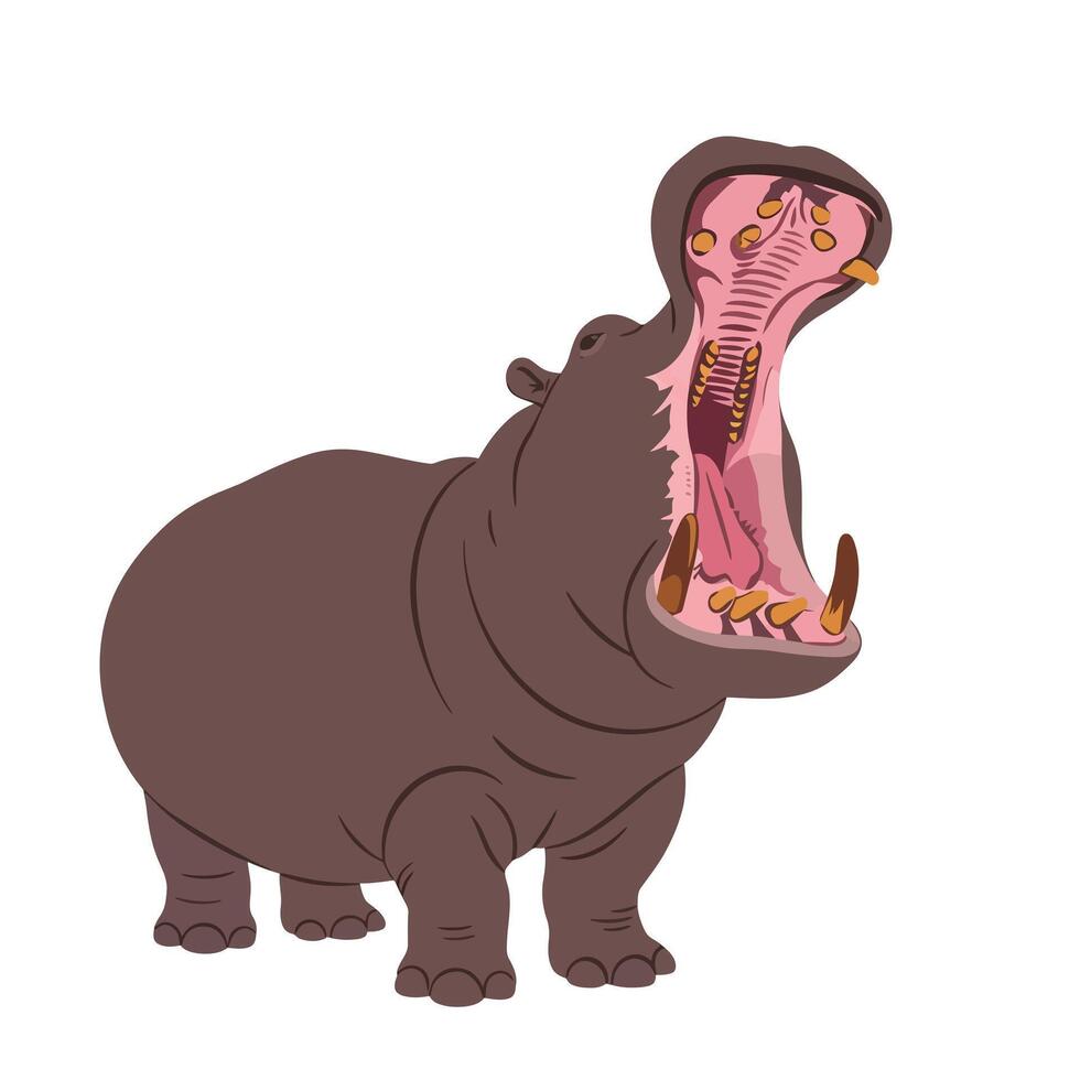 A large hippo with a wide open mouth showcasing its teeth in a flat illustration style highlighting playful wildlife and natural beauty vector