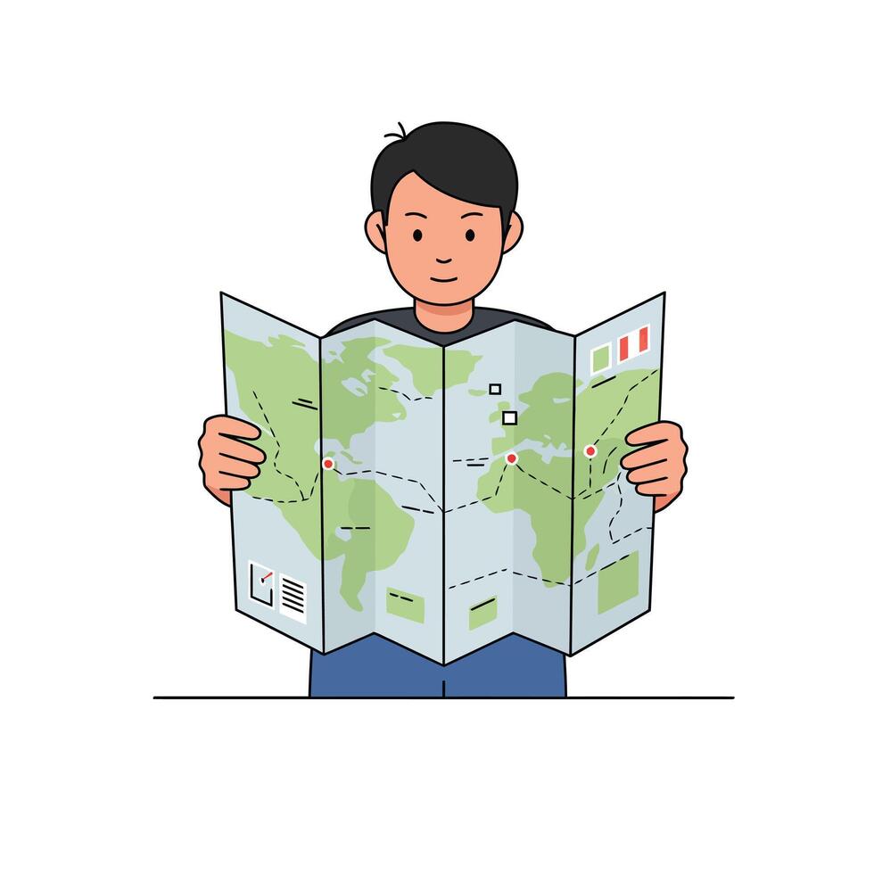 Young man exploring a detailed map with a sense of adventure in a flat illustration vector