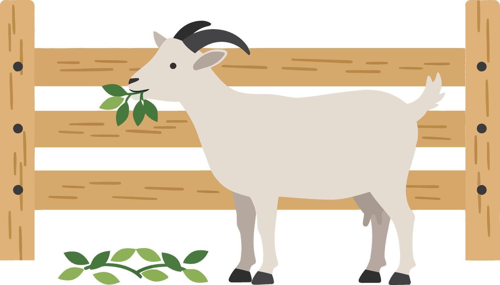 A playful goat munching on leaves beside a rustic wooden fence in a bright flat illustration vector
