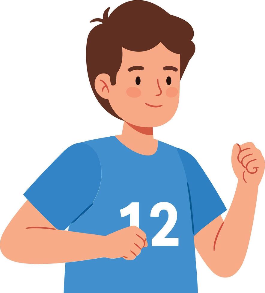 Cheerful young boy in a blue sports shirt with number 12 doing a happy jog in a minimal illustration vector