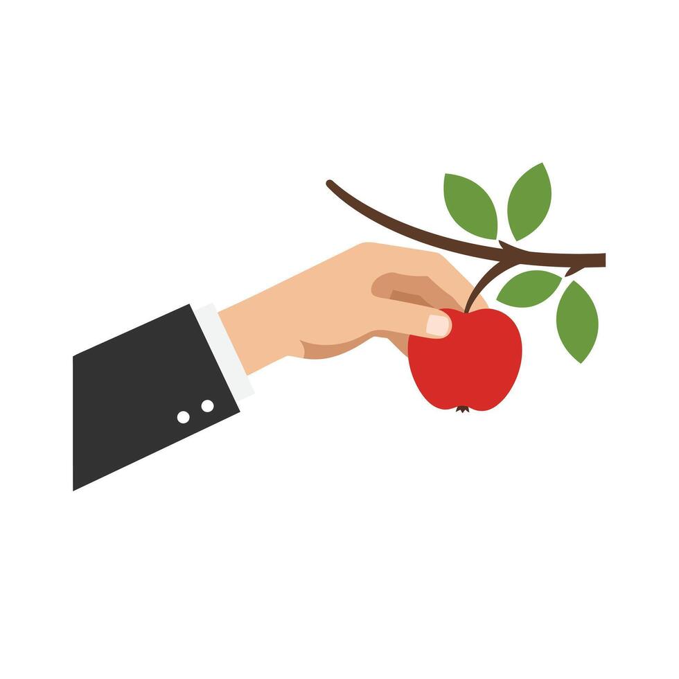 Hand reaching for a ripe red apple on a branch in a flat and minimal illustration vector