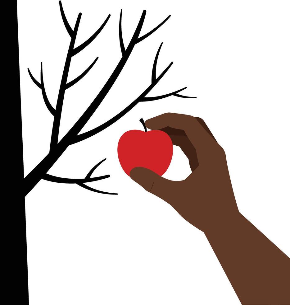 A hand reaching for a vibrant red apple on a bare tree branch in a minimalist flat illustration vector