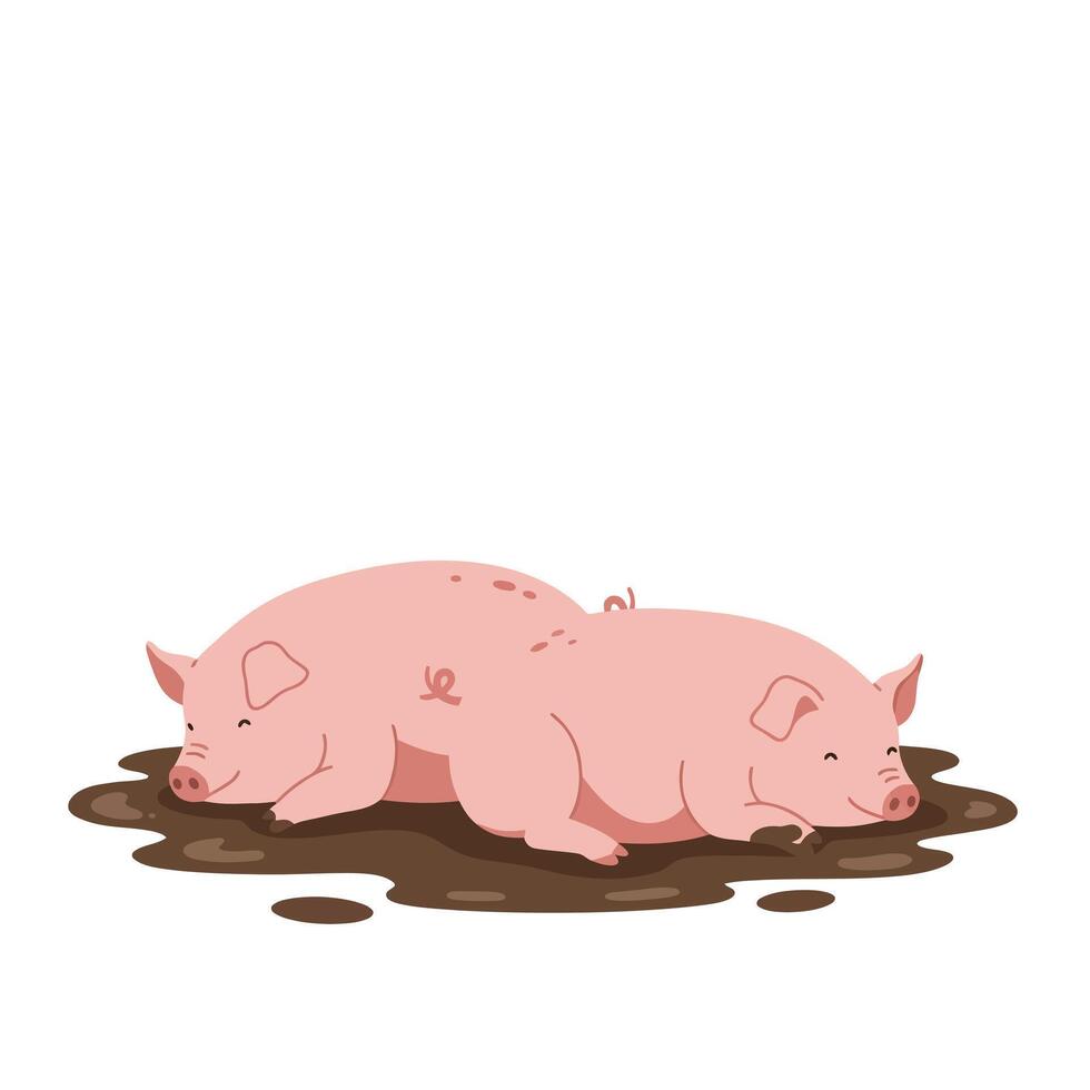 Two adorable pink pigs sleeping peacefully in a muddy puddle, showcasing a flat design style, whimsical and cheerful illustration vector