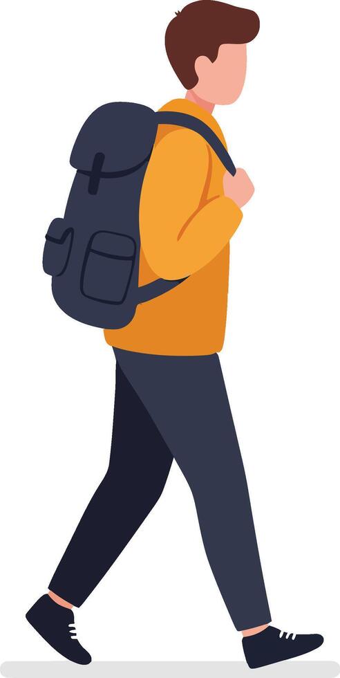 Young man with a backpack in a casual outfit walking confidently in a flat illustration vector