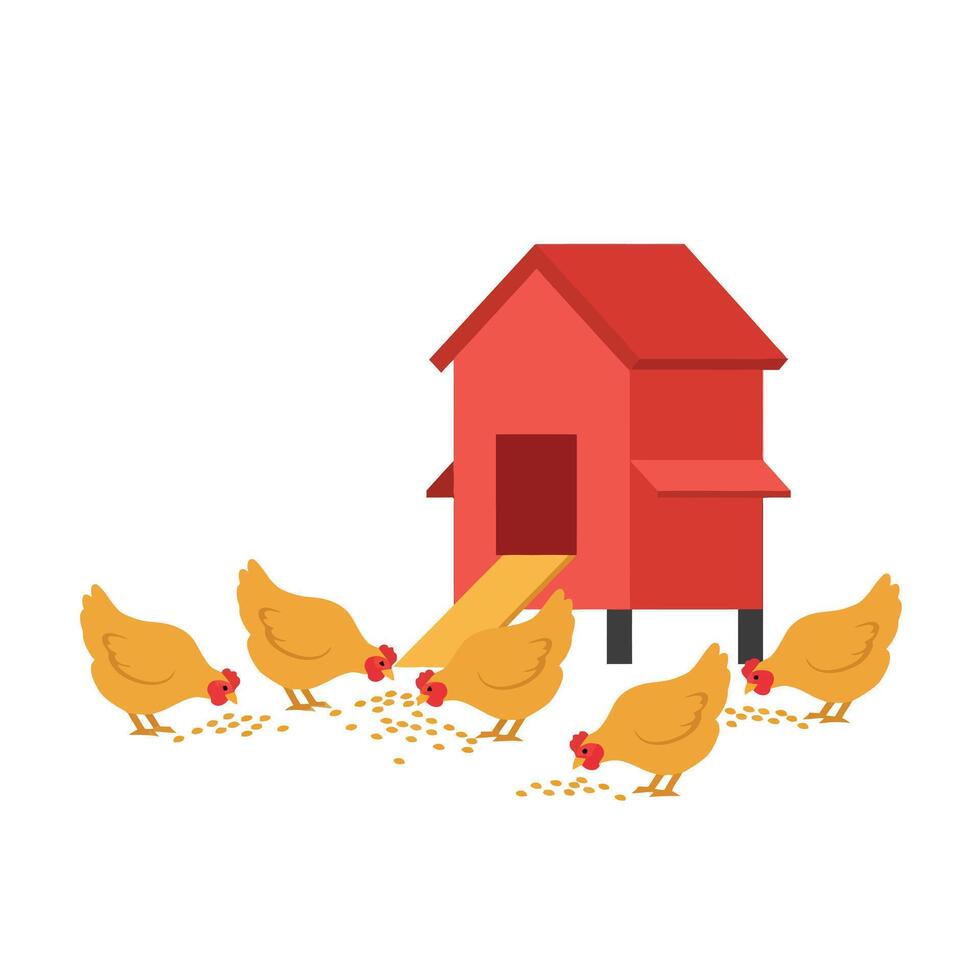 Chickens foraging around a red barn in a playful flat design illustration vector