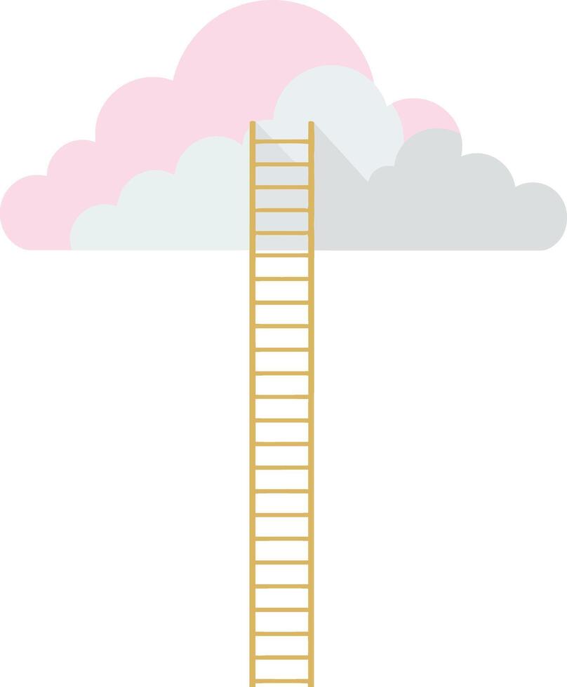 A wooden ladder reaching up into a fluffy pink and grey cloud in a flat illustration, symbolizing dreams and aspirations in a whimsical setting vector