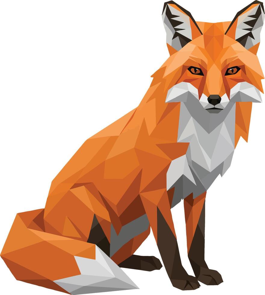 A detailed and minimalistic illustration of a sitting fox with vibrant orange fur and geometric shapes in art vector