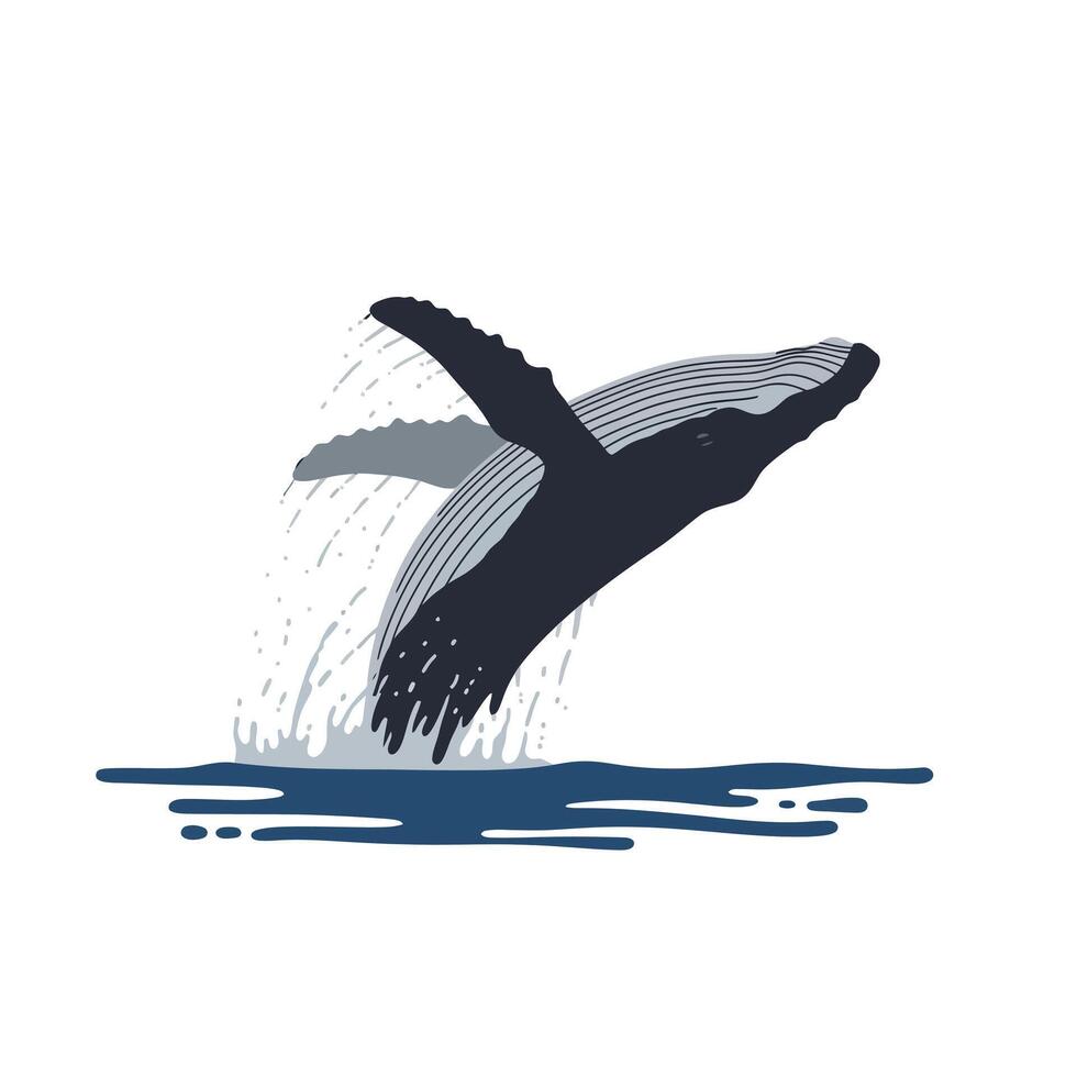 Majestic whale breaching the ocean surface in a dynamic pose, showcasing flat design style in vibrant blue and grey tones, art vector