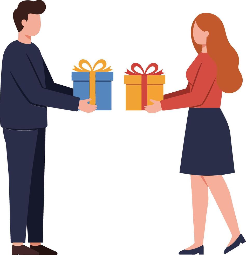 Two individuals exchanging colorful gift boxes in a cheerful atmosphere, showcasing flat design art vector