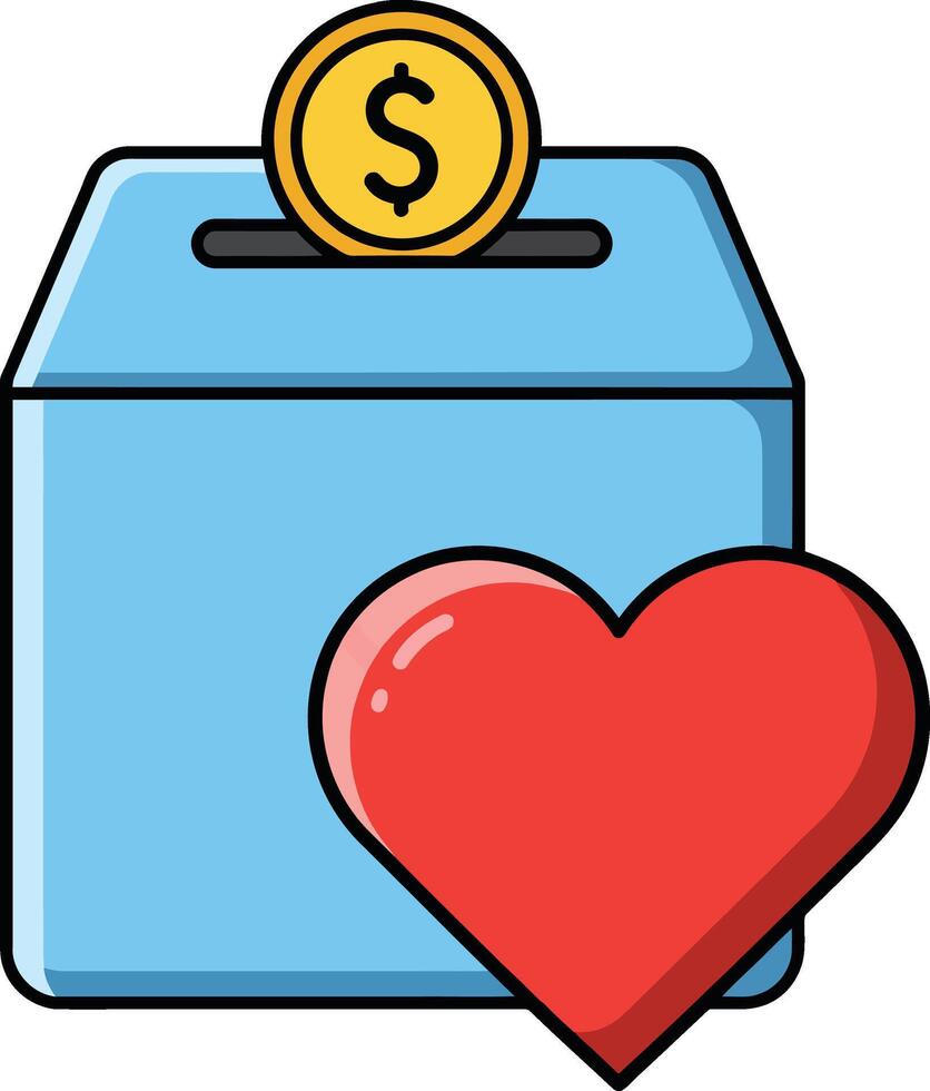 A blue donation box with a heart symbol and a dollar coin slot, designed in a flat, minimal style, emphasizing charity and giving, illustration vector