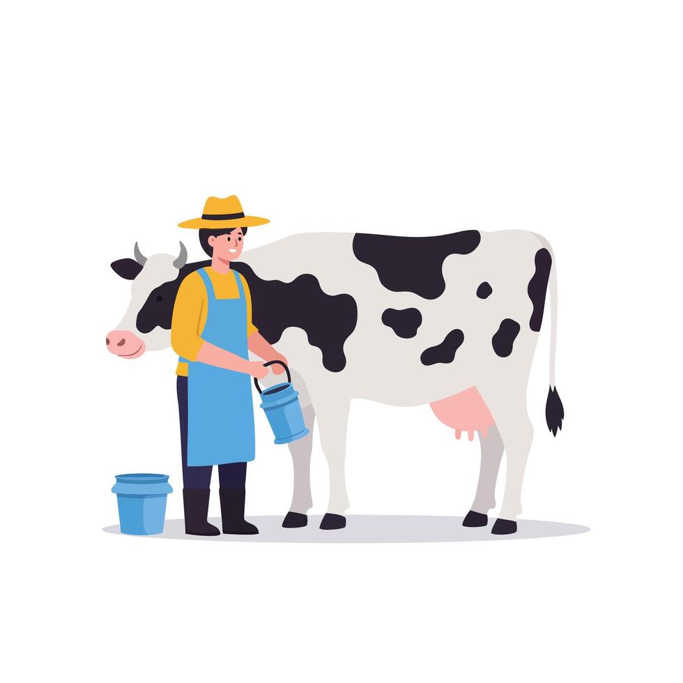 A farmer in a yellow shirt milking a black-and-white cow in a flat design art vector