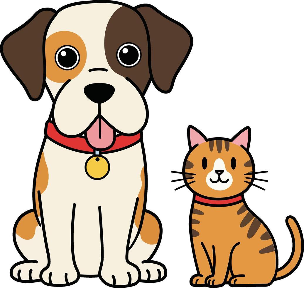 Playful dog and cat duo sitting together in a cheerful flat design style art vector