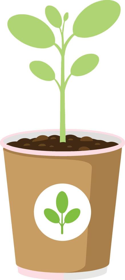 A small green plant growing in a brown pot with a circular logo in a flat design style, showcasing natures beauty through illustration vector
