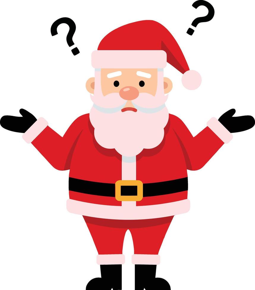 Cheerful Santa Claus with a questioning expression in a flat design, surrounded by question marks, conveying curiosity and confusion in art vector
