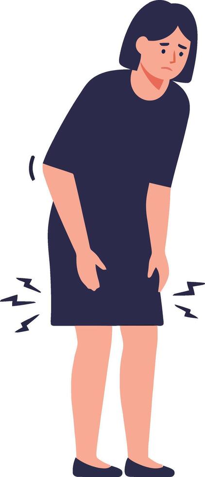 A woman in a black dress expressing discomfort while holding her knees in a minimalistic flat illustration vector