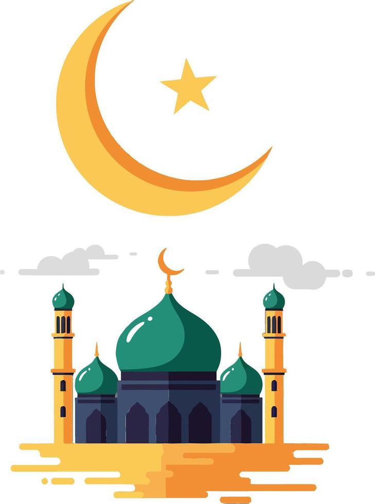 Mosque under a crescent moon and star in a colorful minimal design style illustration vector