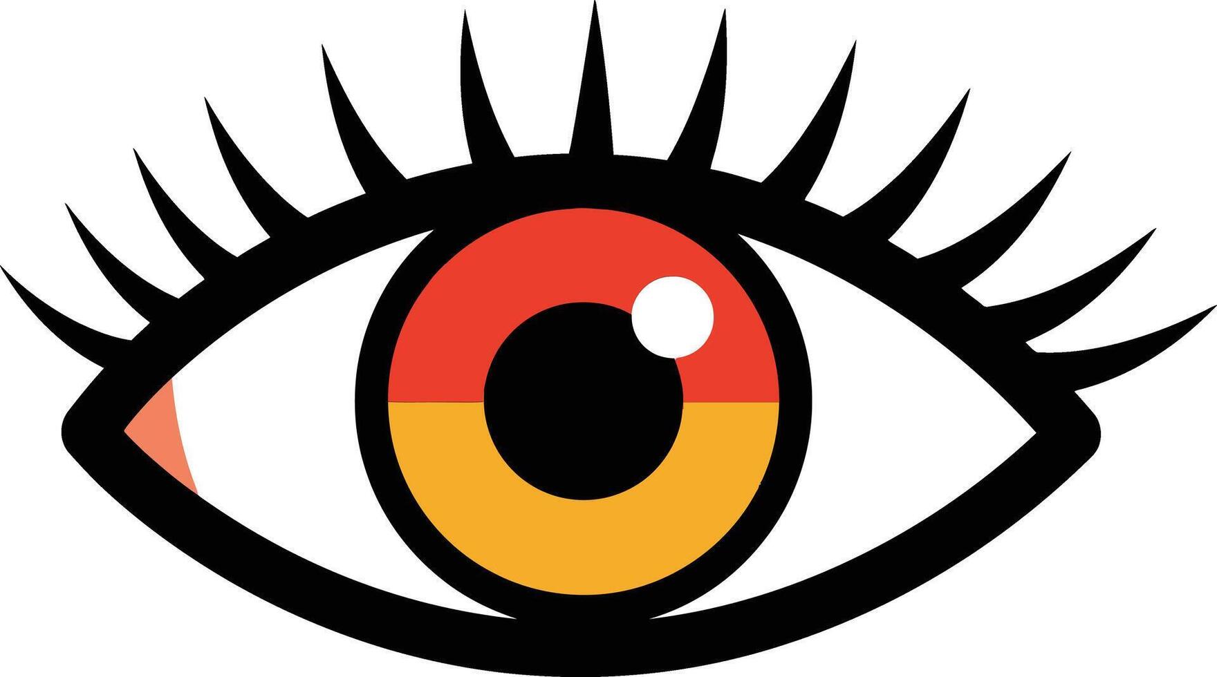 Eye design featuring bold colors and striking eyelashes in a minimal style, showcasing vibrant hues of red, black, and yellow, illustration vector