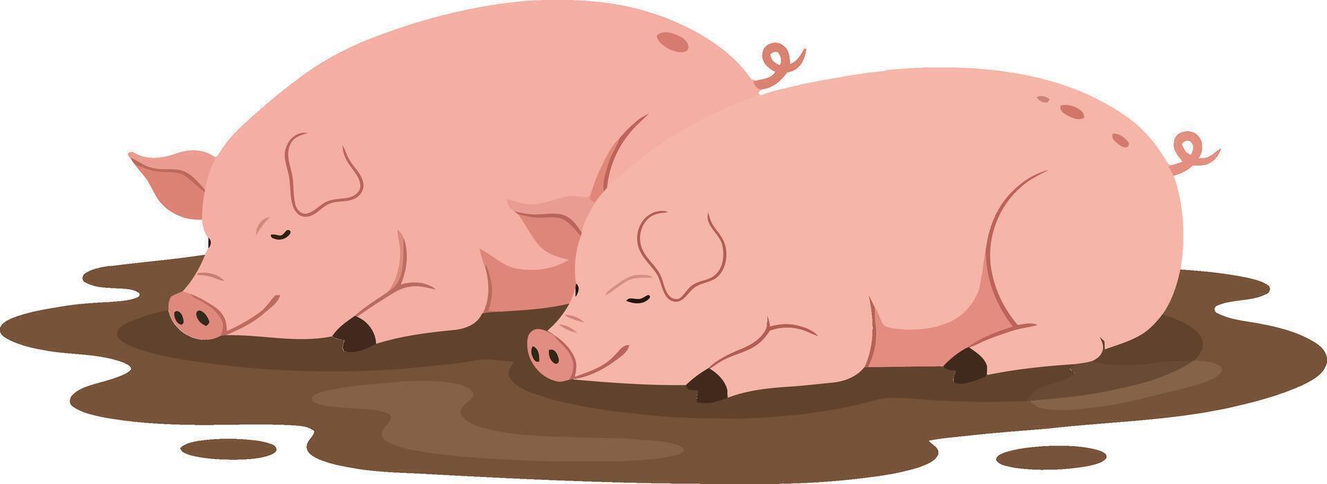 Two sleeping pigs nestled in brown mud, designed in a flat and minimal style, showcasing peacefulness and comfort in art vector