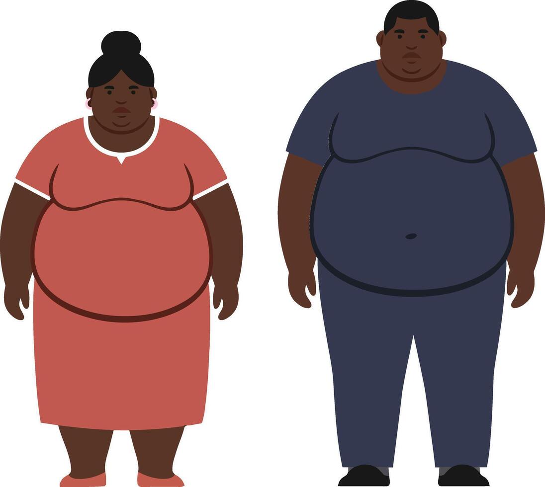 Two stylized characters standing side by side in a flat design showcasing diversity in body types, art vector