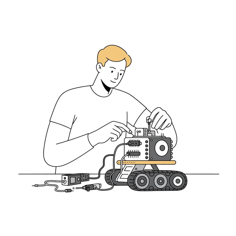 A young man assembling a robotic vehicle with tools in a minimal and modern style showcasing creativity and innovation in illustration vector
