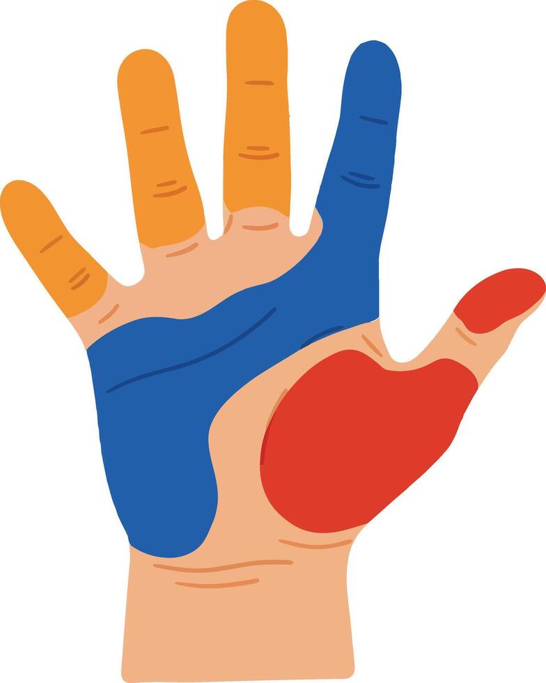 Colorful handprint design with vibrant shapes in flat style showcasing creativity and artistic expression in art vector
