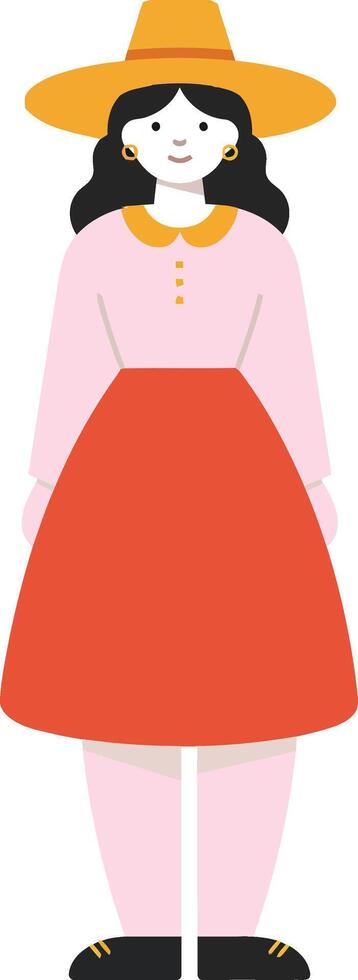 A young woman in a pink dress and red skirt wearing a straw hat in a minimalist flat illustration vector
