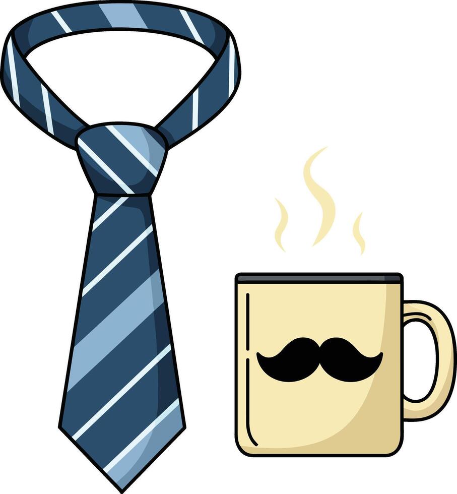 A striped blue tie and a steaming coffee mug with a playful mustache design, minimal and colorful art vector
