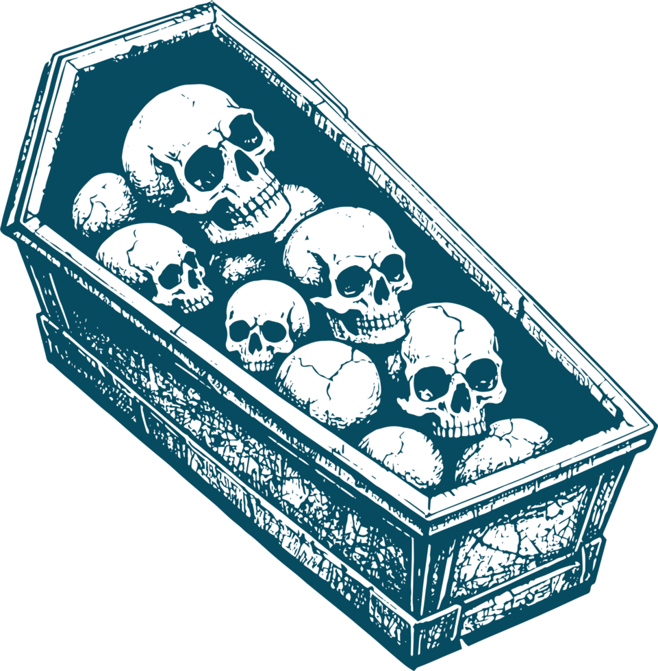 A blue coffin with skulls inside for metal and merch artwork png
