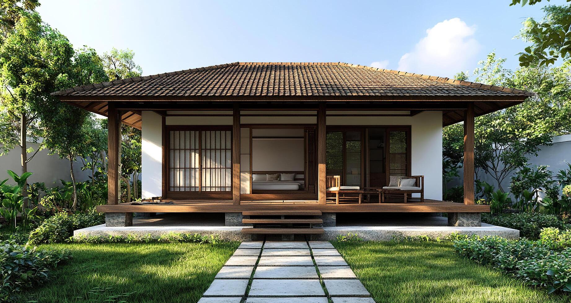 A small one-story house in the style of a hipped roof, a wooden frame and white walls. Wooden veranda overlooking the garden. Generated by artificial intelligence photo
