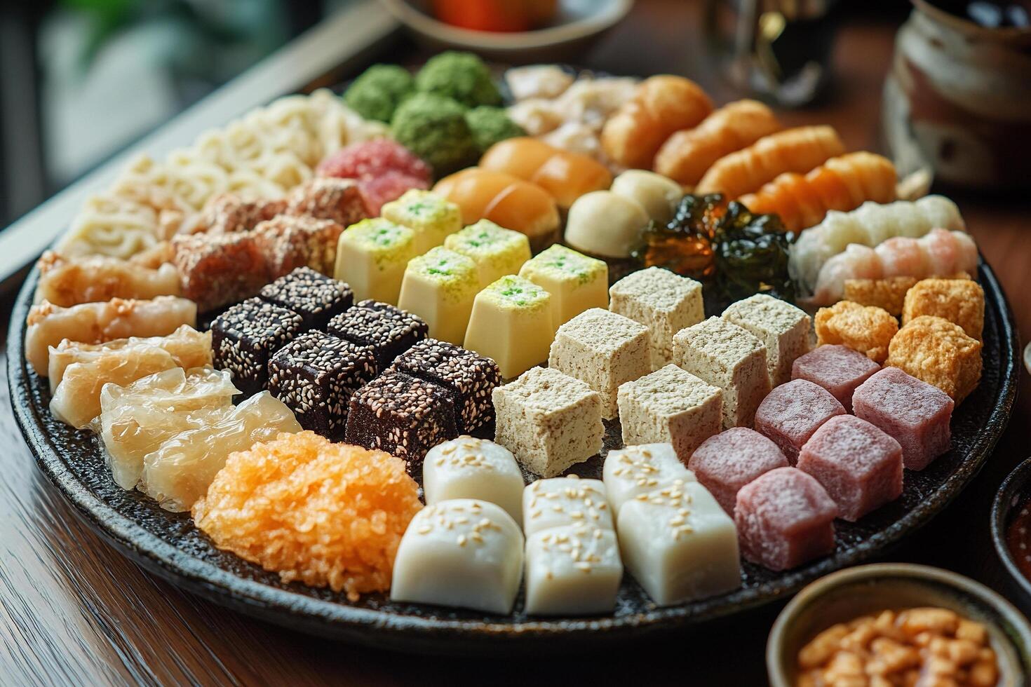 Traditional oriental sweets on a large tray close-up. Generated by artificial intelligence photo