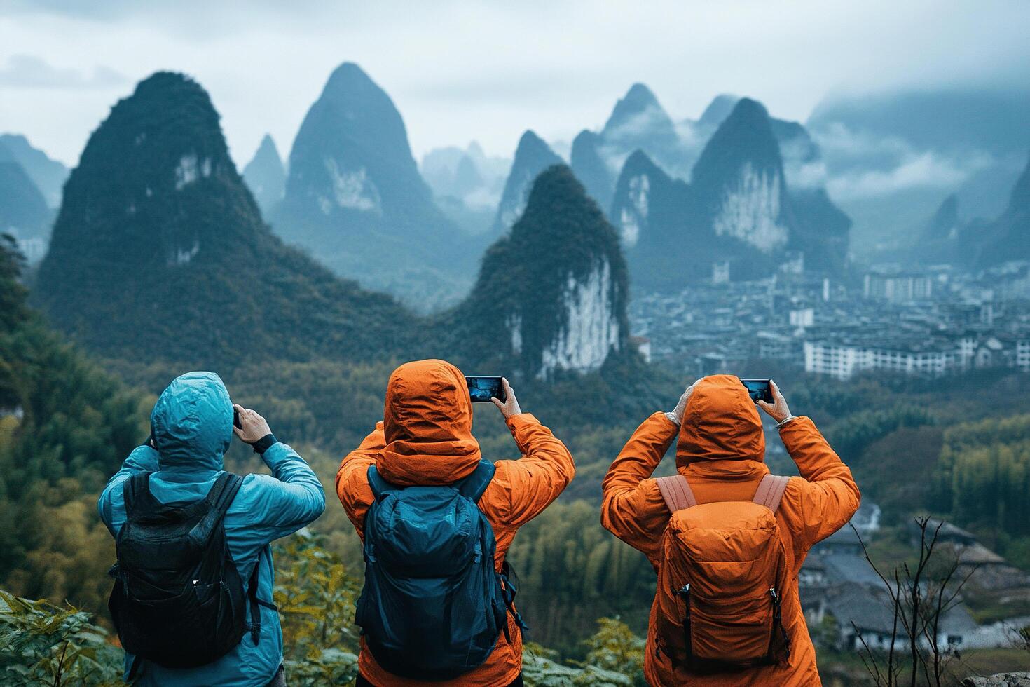 Three tourists take a photo on their phone while standing on top of a cliff. Generated by artificial intelligence