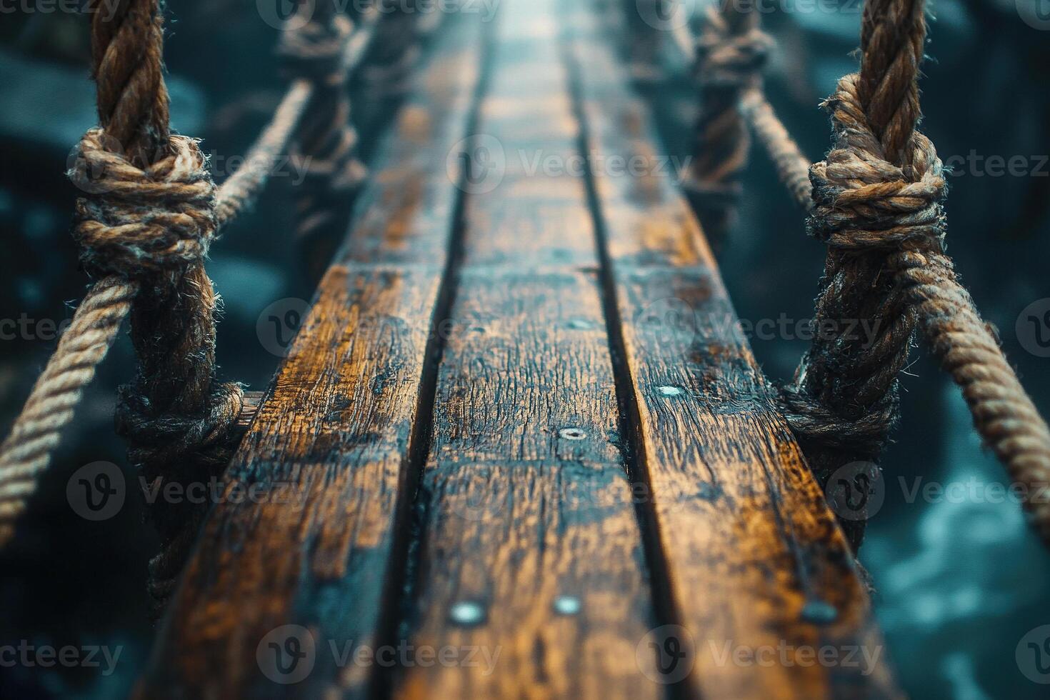 Close-up of a narrow wooden suspension bridge in cloudy weather. Generated by artificial intelligence photo