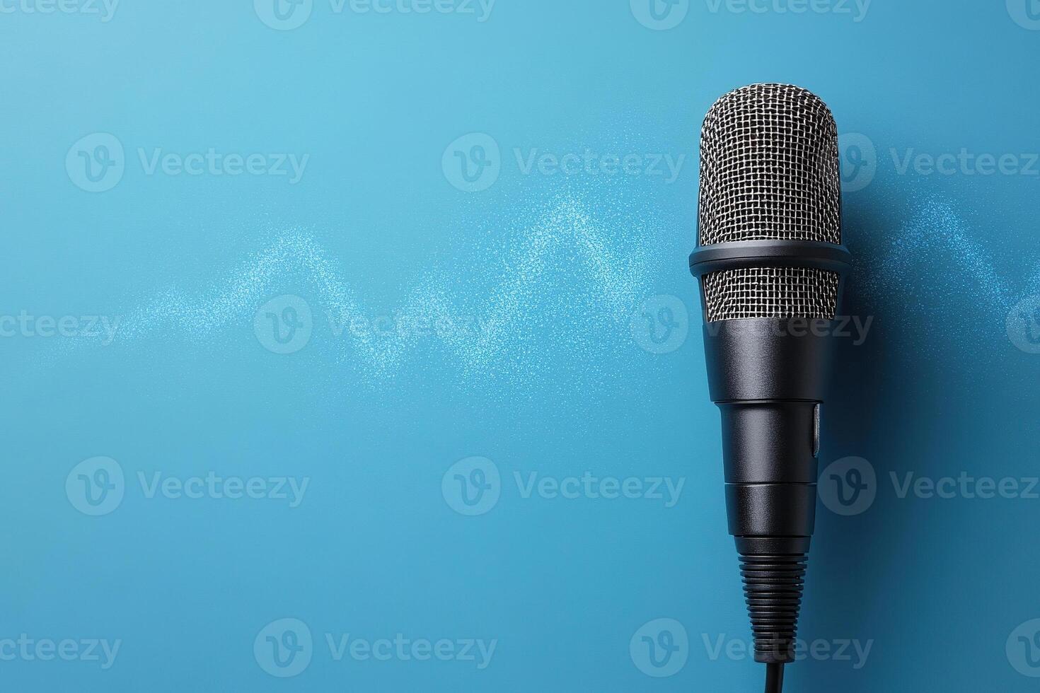 Black microphone with silver mesh head on the right on blue background with shimmering particles. Space for text on the left. Generated by artificial intelligence photo