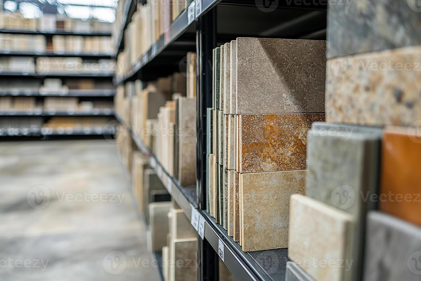 Construction store. Shelves with samples of decorative stone and marble used as finishing material. Generated by artificial intelligence photo