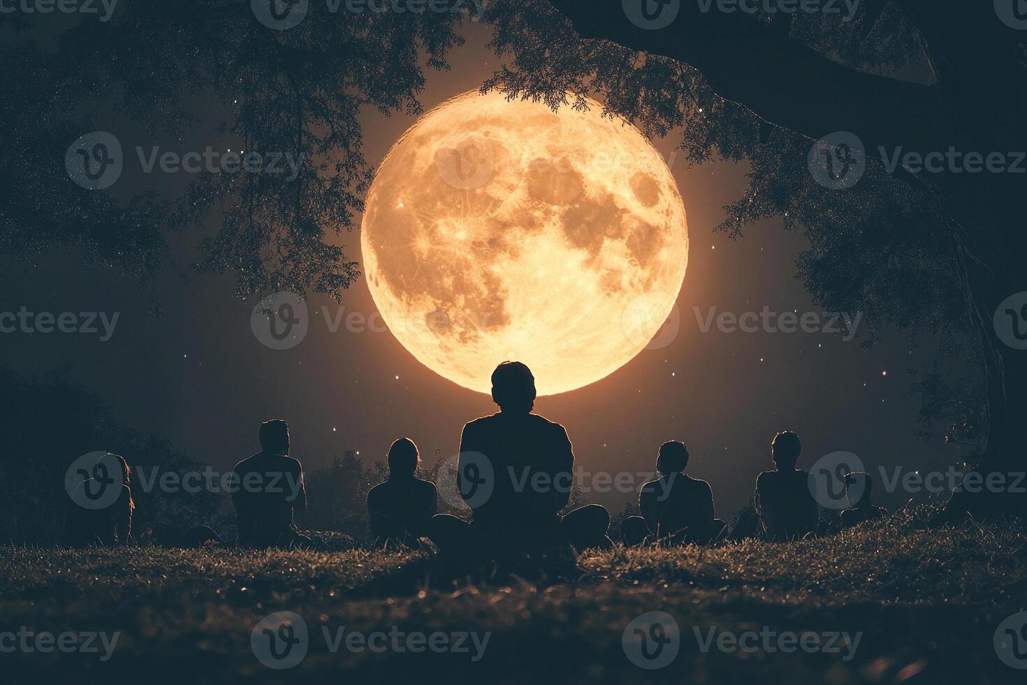 Silhouettes of people sitting on the grass and watching the full moon at night. Generated by artificial intelligence photo