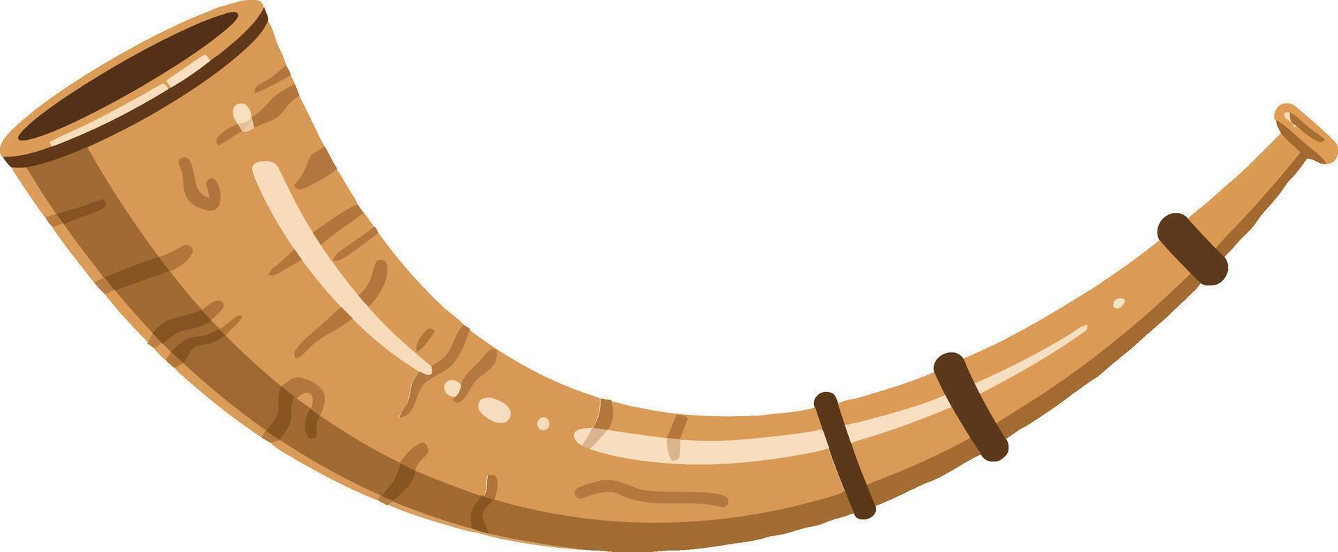 Curved wooden horn with intricate detailing, flat design showcasing natural textures and tones, perfect for musical themes, illustration vector