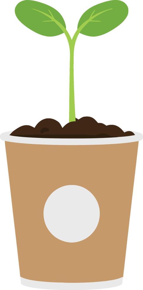 A small green plant emerging from rich soil in a brown pot, showcasing minimal design style in vibrant art vector