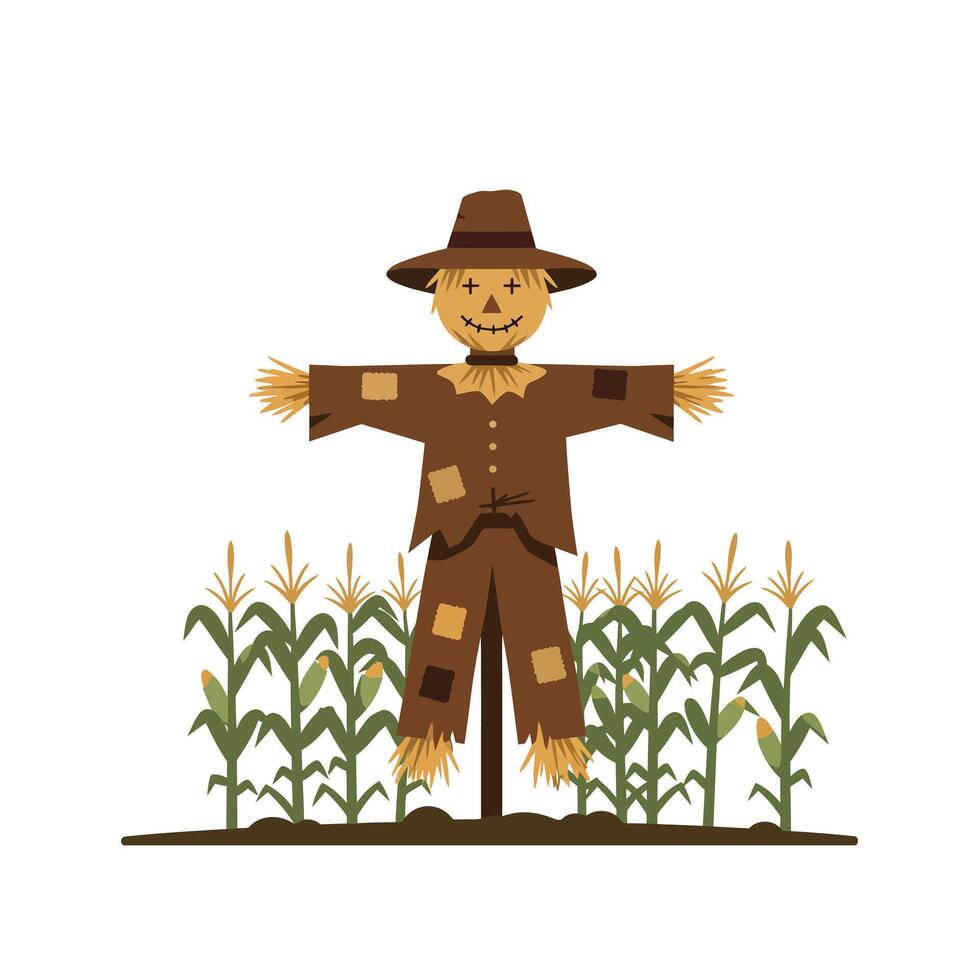 Scarecrow standing in a cornfield surrounded by green stalks, flat design style, cheerful atmosphere, illustration vector