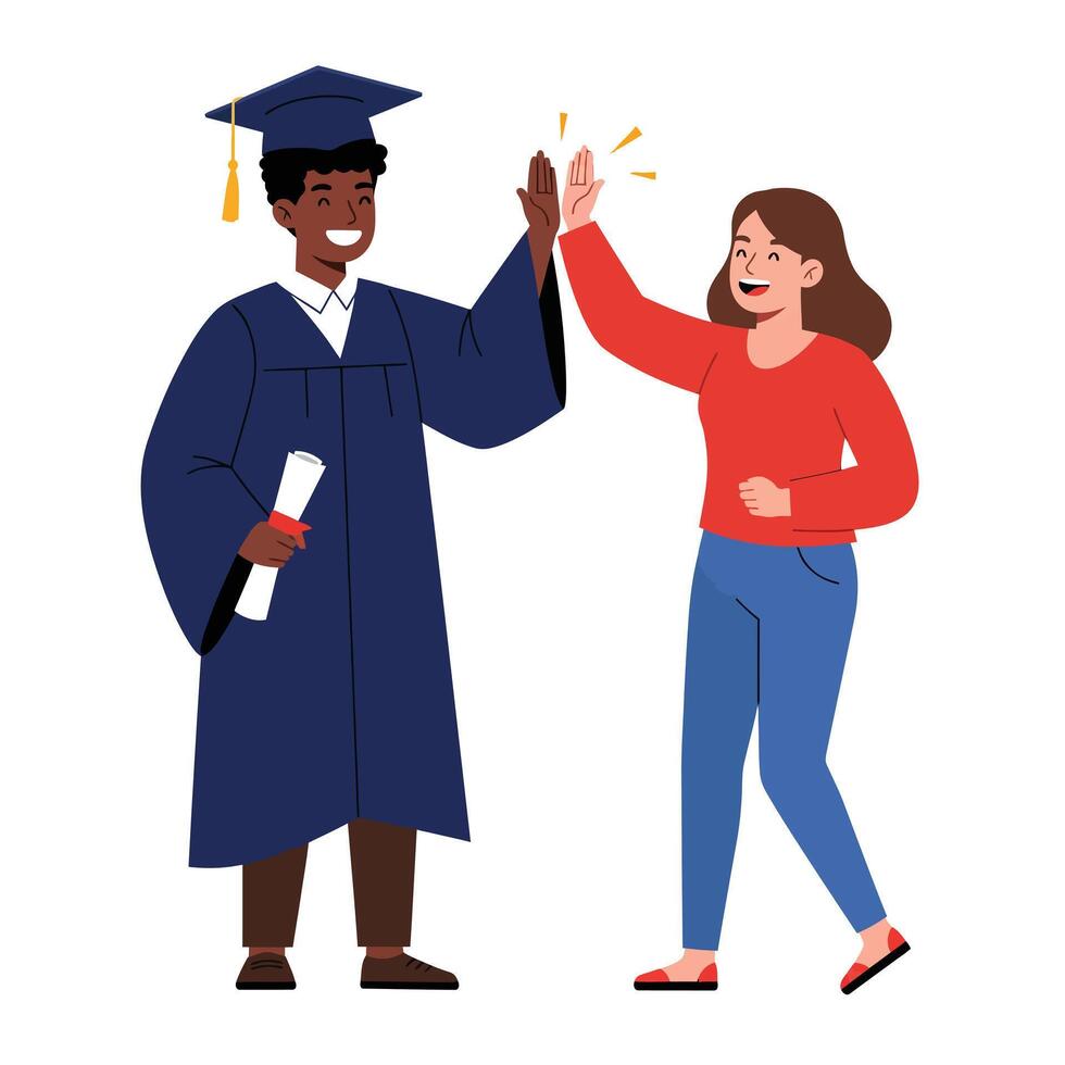 Happy graduate in cap and gown celebrating with joyful friend in flat illustration style, showcasing achievement and friendship in a cheerful atmosphere art vector