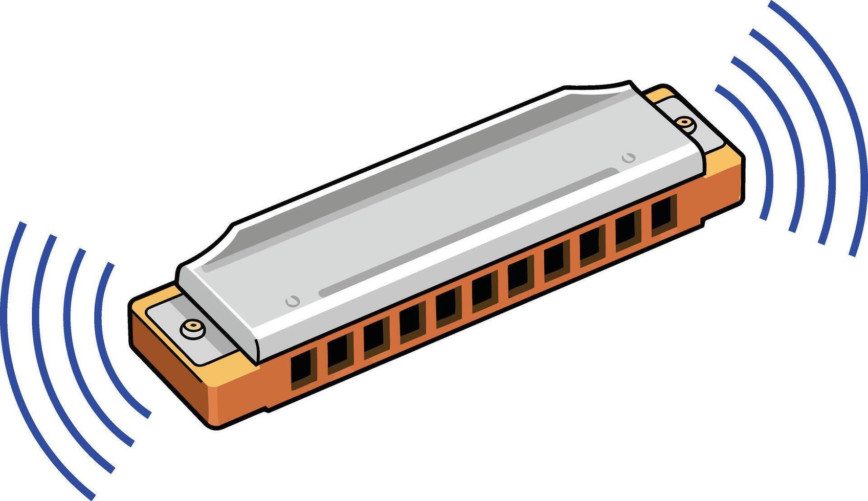Harmonica in vibrant colors creating music waves, showcasing flat design with playful elements, illustration vector