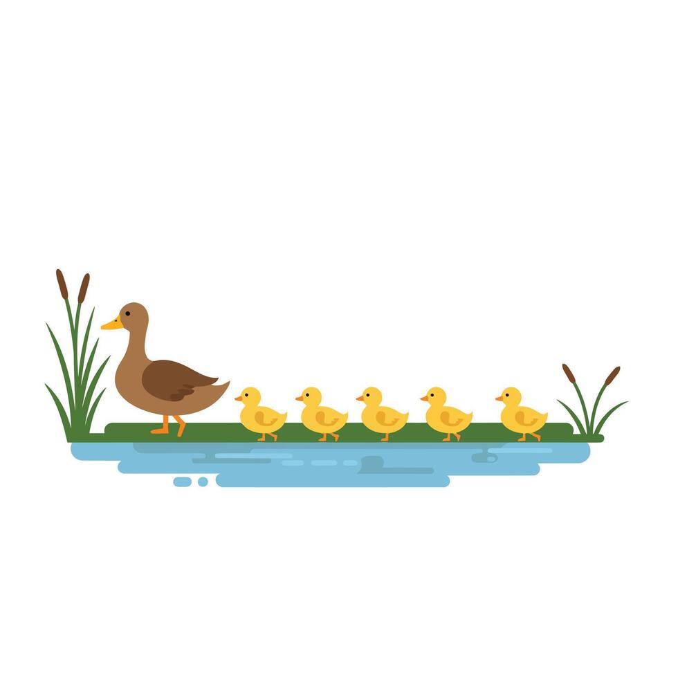 A mother duck leading her vibrant yellow ducklings across a serene blue pond in flat art vector
