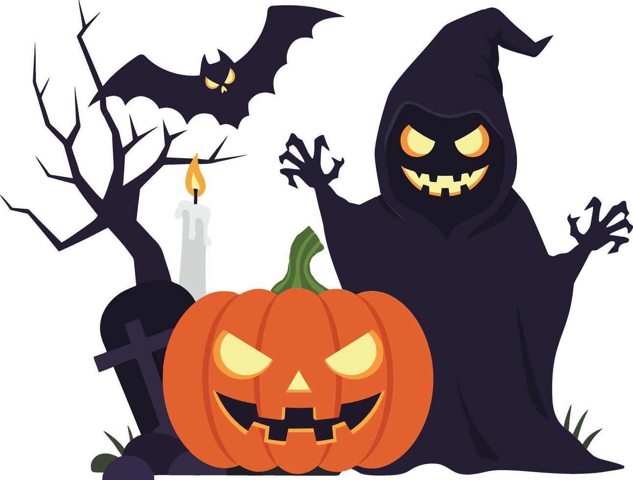 Spooky Halloween scene featuring a grinning pumpkin, a ghostly figure in a robe, a flickering candle, and bats in a flat illustration vector