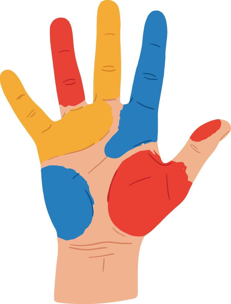 Colorfully painted hand with red, yellow, blue, and orange spots in flat art style showcasing creativity and artistic expression vector