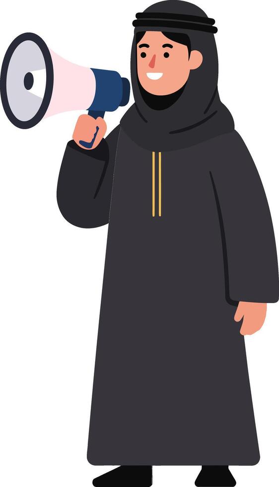 Person in traditional attire holding a megaphone in a flat illustration showcasing communication and activism in a confident manner vector