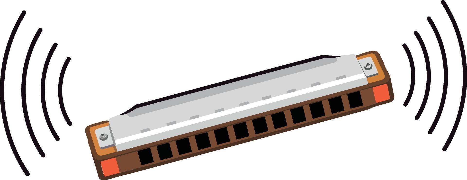 Harmonica resting on a flat surface with sound waves emanating, showcasing a colorful and minimal design style in art vector