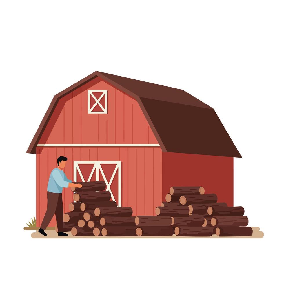 A man stacking logs beside a red barn in a flat, minimal style illustration showcasing rural life and hardworking spirit vector