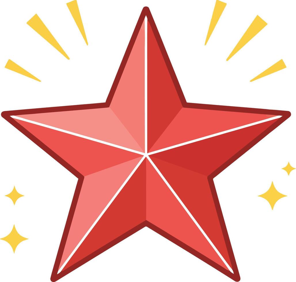 Red star with radiant bursts and sparkling effects in a flat, minimal design style, showcasing vibrant color contrast, art vector