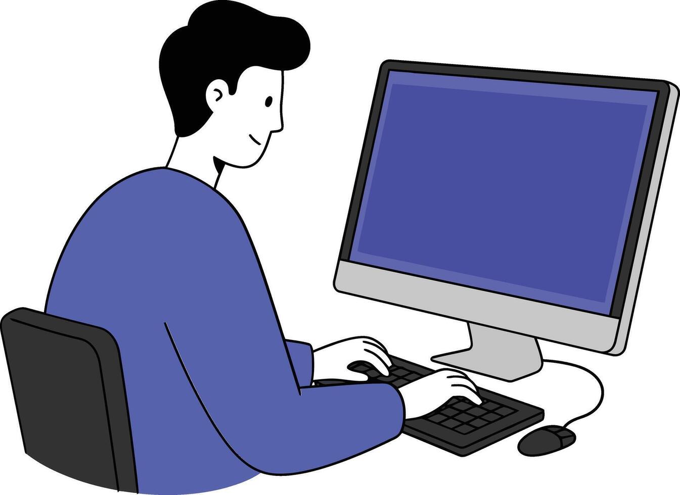 A man sitting at a desk working on a computer with a blue screen in a flat illustration vector